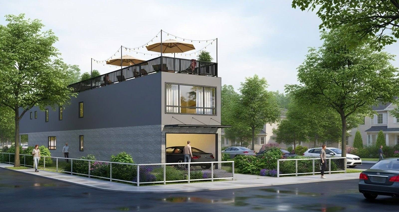 Rendering of a three-story corner building with a roof deck