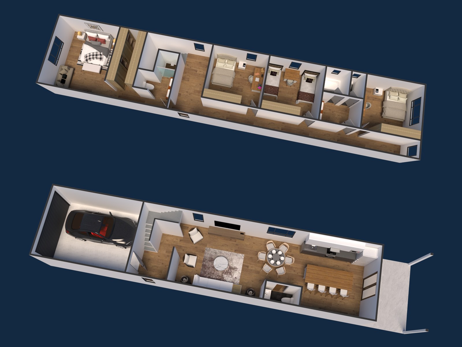 Furnished 3D cutaway renderings of both floors of the Learning Linden rowhouse