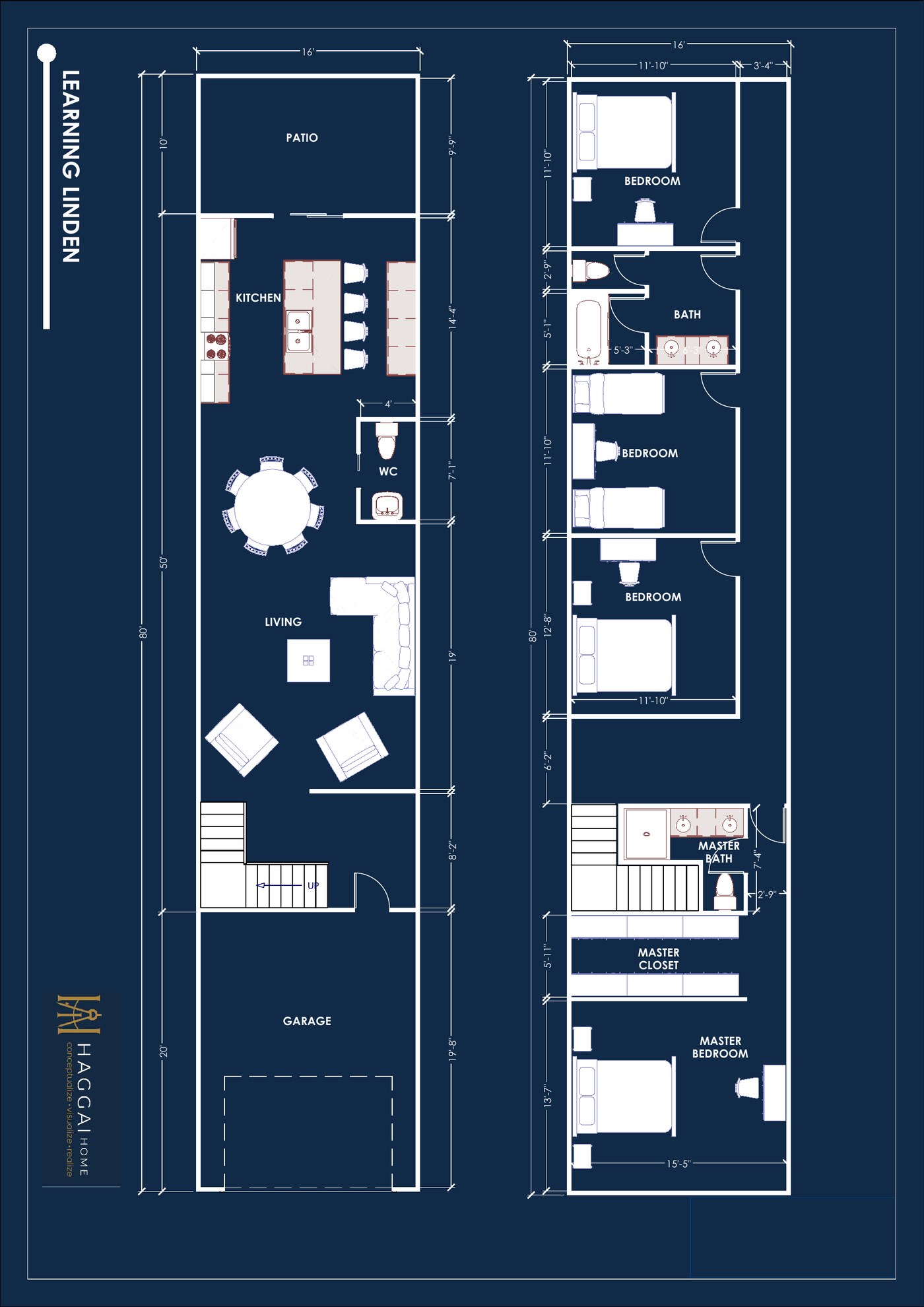 Dimensioned floor plan of both floors of the Learning Linden rowhouse: garage, living, dining, kitchen, and four bedrooms